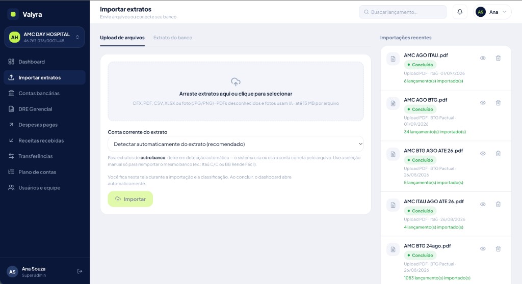 Tela de importação de extratos da Valyra